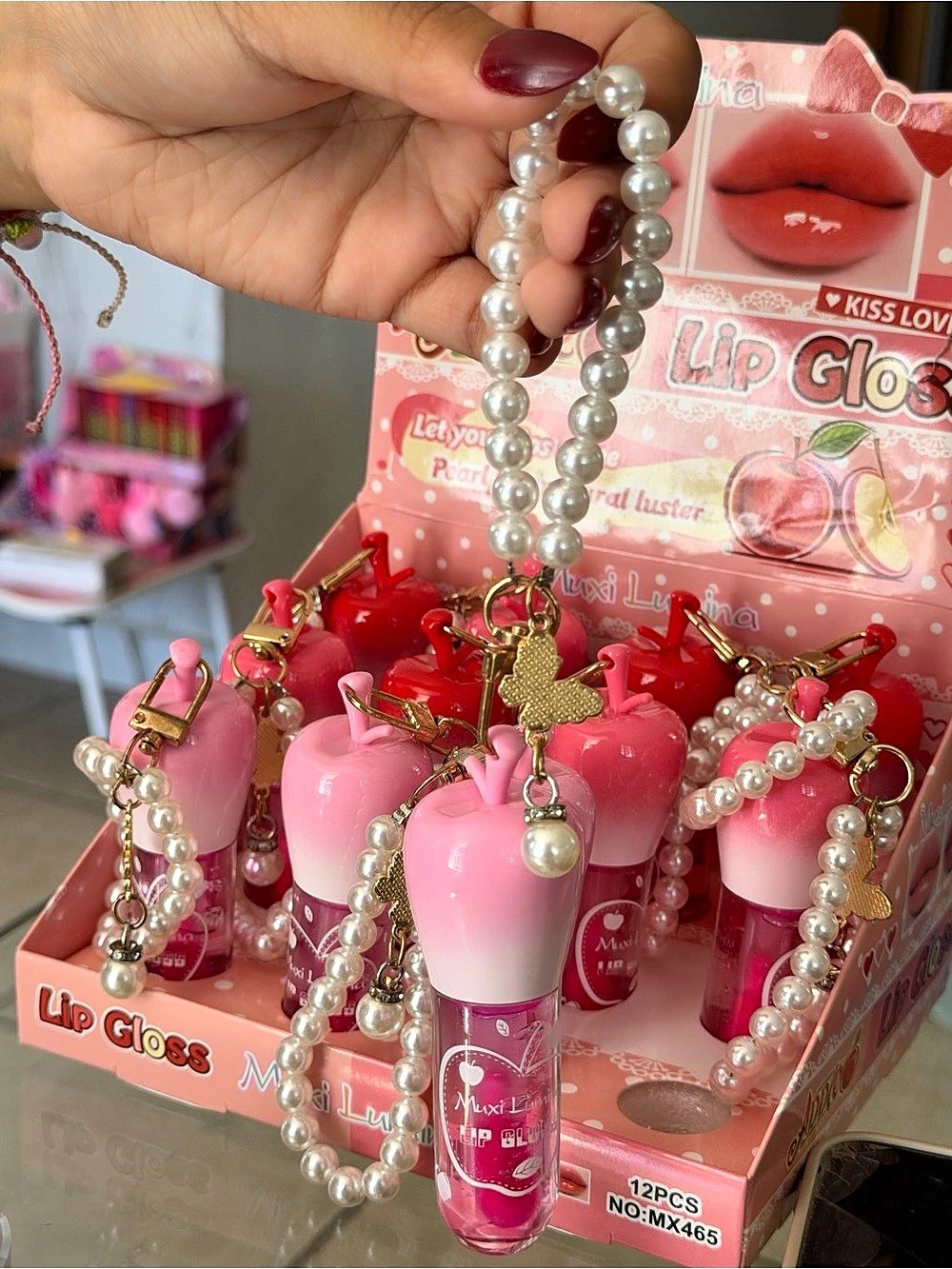Muxi Apple Lip Gloss with Pearl Chain Pink & White